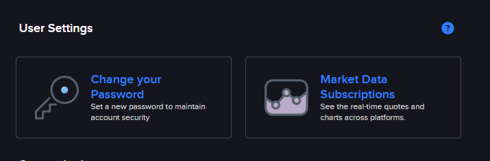 IBKR User Settings 화면. Change your Password와 Market Data Subscriptions 두 카드가 있다.