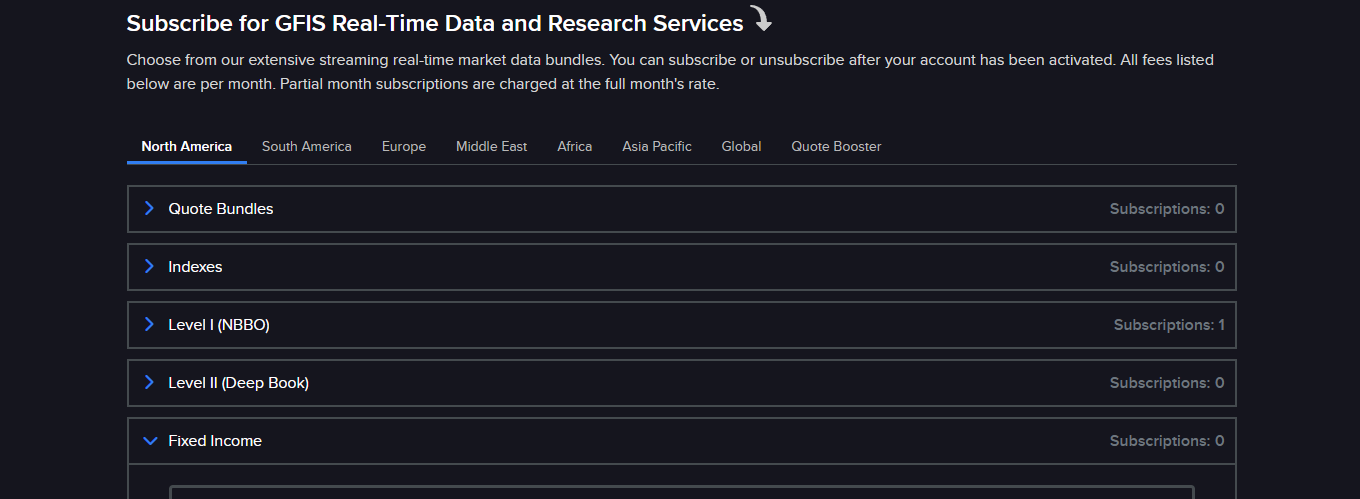 Subscribe for GFIS Real-Time Data and Research Services. 탭은 North America, South America, Europe, Middle East, Africa, Asia Pacific, Global, Quote Booster. North America 아래 Quote Bundles, Indexes, Level I (NBBO), Level II (Deep Book), Fixed Income 묶음.
