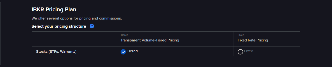 IBKR Pricing Plan 화면. Select your pricing structure 아래 Stocks (ETFs, Warrants) 한 줄이 있고 Tiered(Transparent Volume-Tiered Pricing)에 체크, Fixed(Fixed Rate Pricing)는 비어 있다.