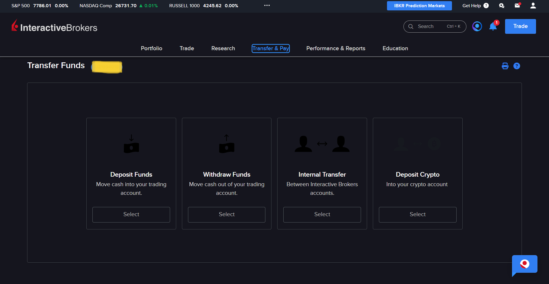 IBKR Transfer Funds 화면. Deposit Funds, Withdraw Funds, Internal Transfer, Deposit Crypto 네 개의 타일이 나란히 있다.