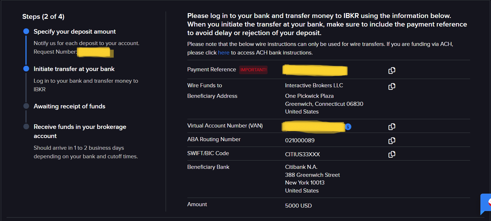 IBKR이 발급한 수취 정보 화면. Payment Reference, 수취인, 가상계좌번호, ABA 라우팅 번호, SWIFT 코드, 수취 은행이 항목별로 나열되어 있다.