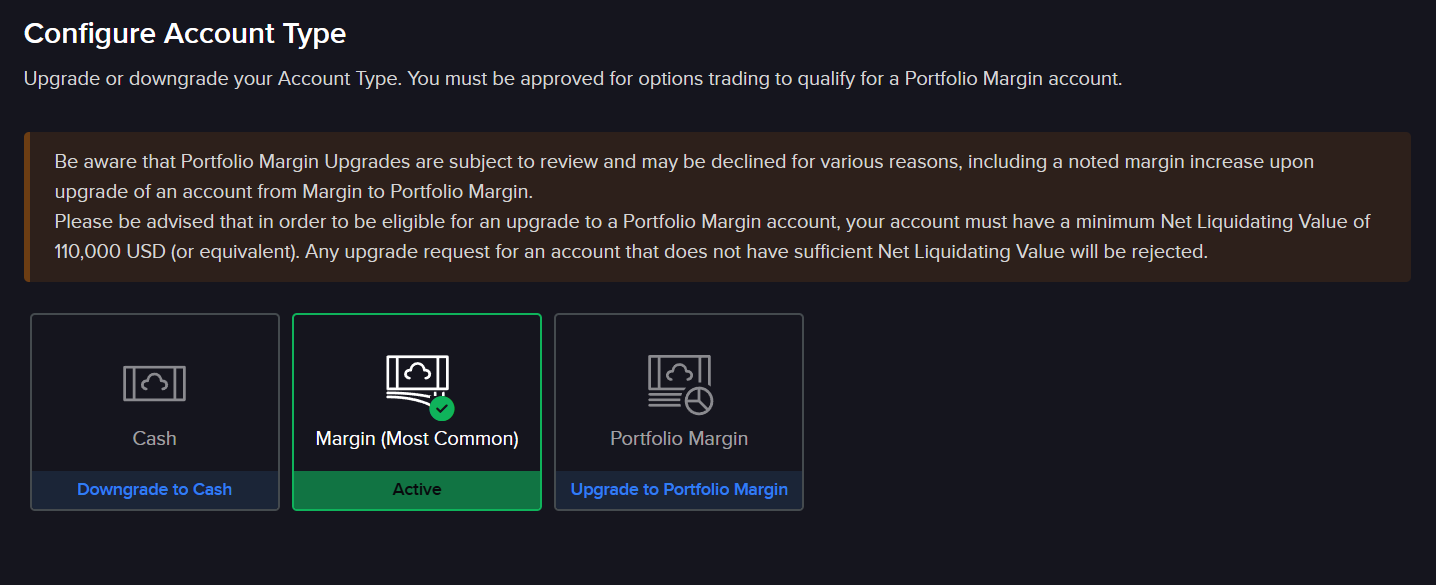 IBKR 계좌 유형 설정 화면. Cash, Margin (Most Common), Portfolio Margin 세 가지 중 Margin이 Active로 표시되어 있다.